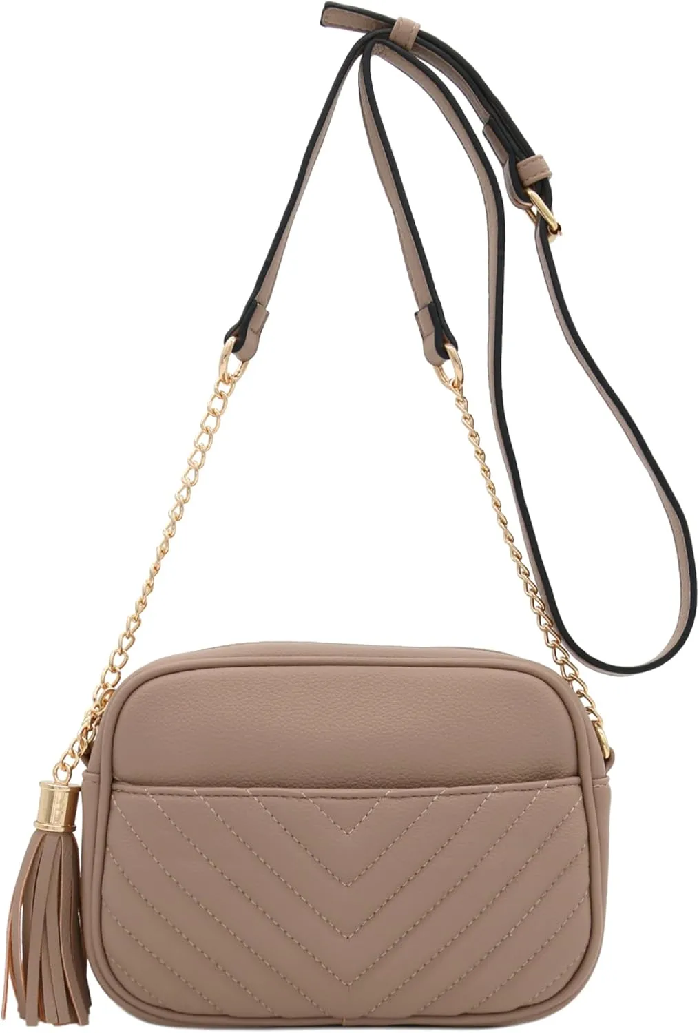 FashionPuzzle Chevron Quilted Crossbody Camera Bag with Chain Strap and Tassel