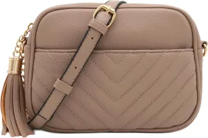 FashionPuzzle Chevron Quilted Crossbody Camera Bag with Chain Strap and Tassel