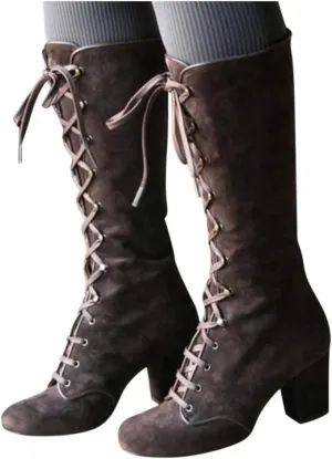 Faux Suede Mid-Calf Height Boot for Women, Casual Lace up Chunky High Heels Booties Winter Warm Vintage Gothic Boots Shoes