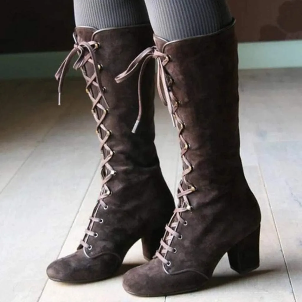 Faux Suede Mid-Calf Height Boot for Women, Casual Lace up Chunky High Heels Booties Winter Warm Vintage Gothic Boots Shoes