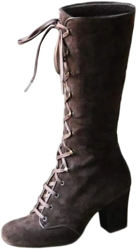 Faux Suede Mid-Calf Height Boot for Women, Casual Lace up Chunky High Heels Booties Winter Warm Vintage Gothic Boots Shoes