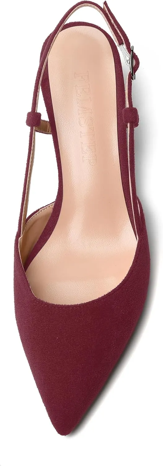 FEMSTEP Womens Casual Slingback Office Buckle Pointed Toe Suede Spool Low Heel Pumps Shoes 2 Inch