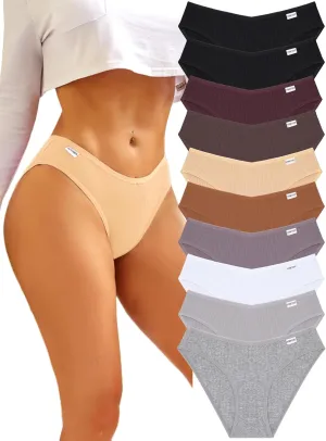 FINETOO Womens Underwear Cotton Bikini Rib Cheeky Panties Sexy V-shaped Waistband Hipster