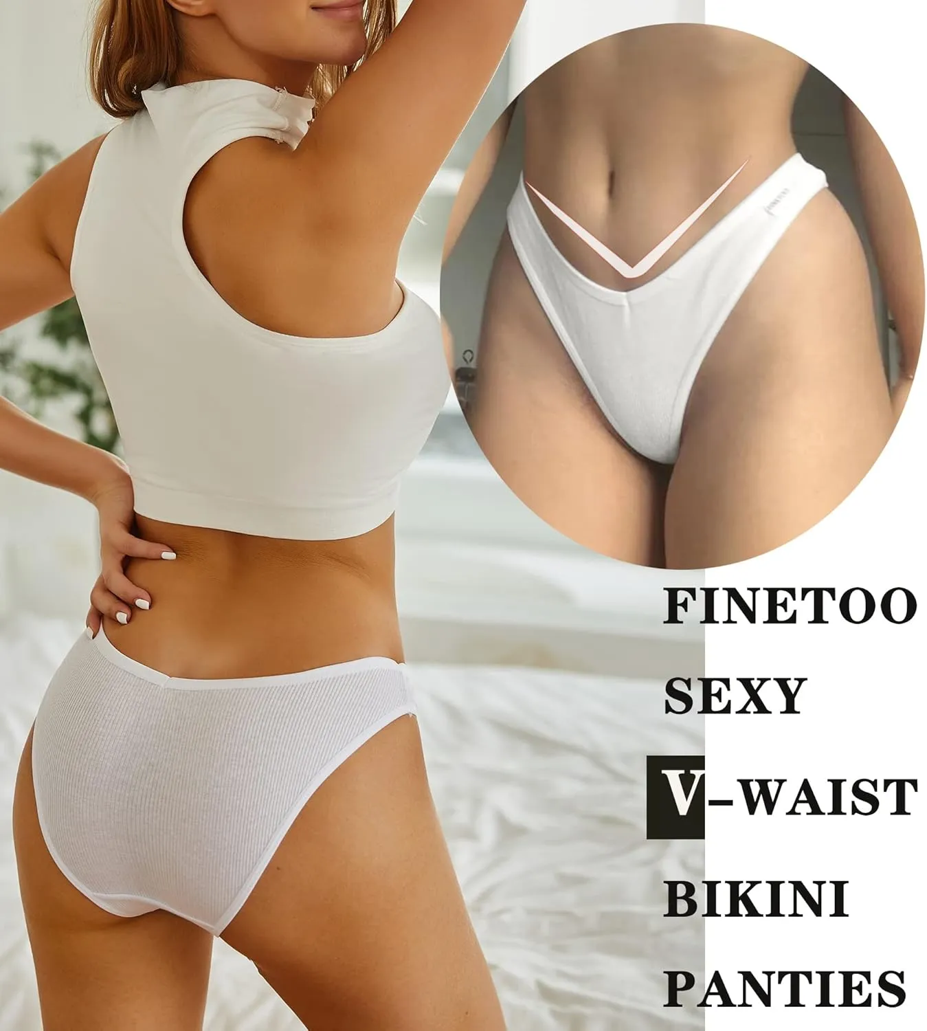 FINETOO Womens Underwear Cotton Bikini Rib Cheeky Panties Sexy V-shaped Waistband Hipster