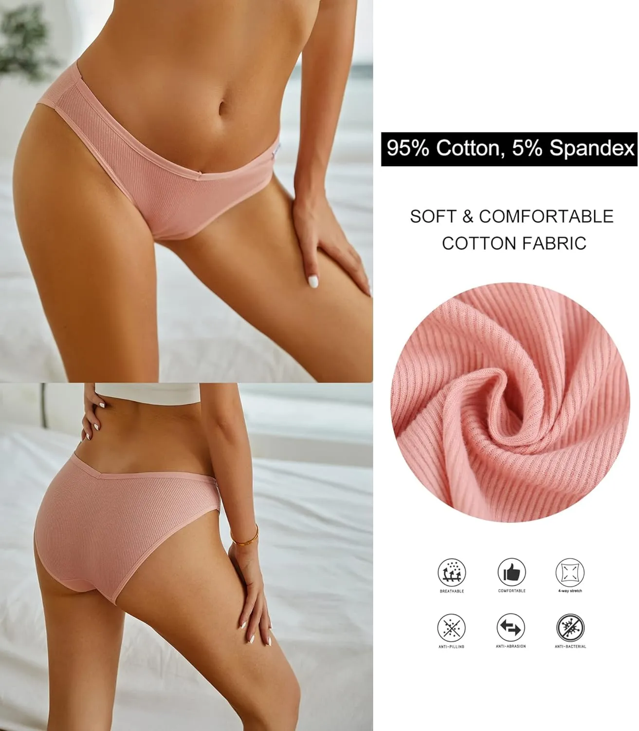 FINETOO Womens Underwear Cotton Bikini Rib Cheeky Panties Sexy V-shaped Waistband Hipster