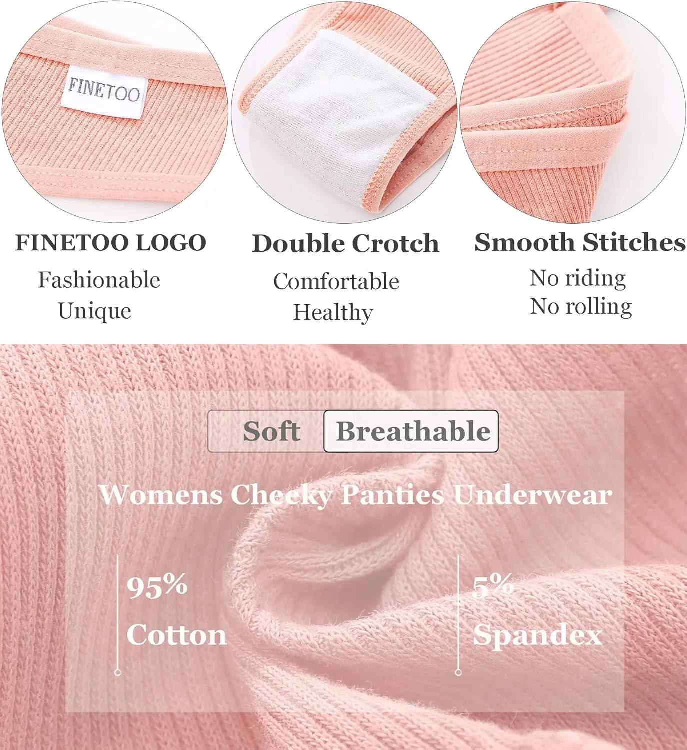 FINETOO Womens Underwear Cotton Bikini Rib Cheeky Panties Sexy V-shaped Waistband Hipster
