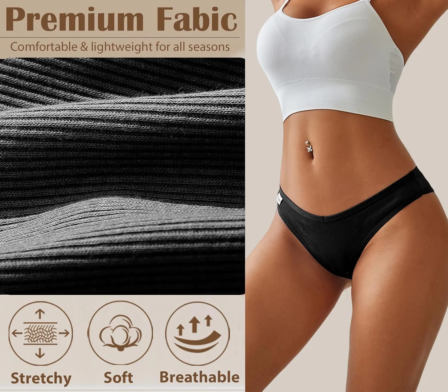 FINETOO Womens Underwear Cotton Bikini Rib Cheeky Panties Sexy V-shaped Waistband Hipster