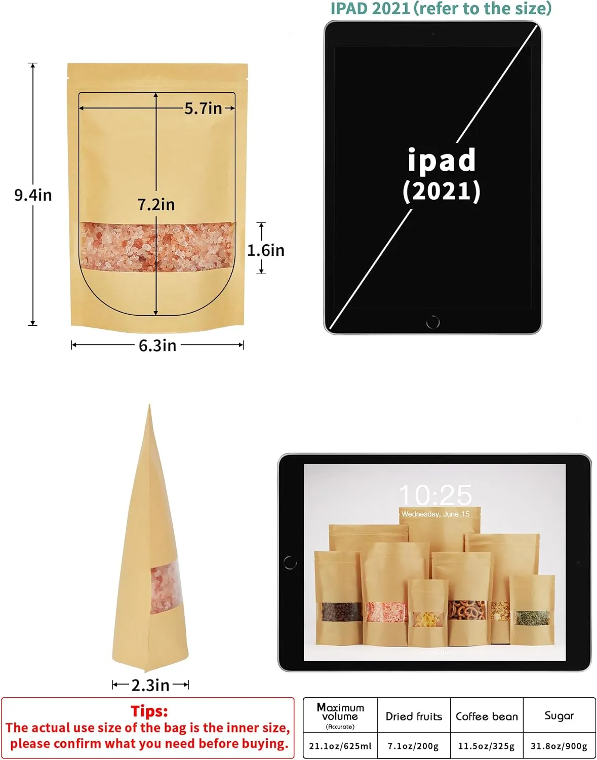 FireKylin 100 Pcs Kraft Paper Bags with Window, 6.3" x 8.6" Stand Up Pouches, Zip Lock Food Storage Bags for Packaging Products, Reusable, Sealable