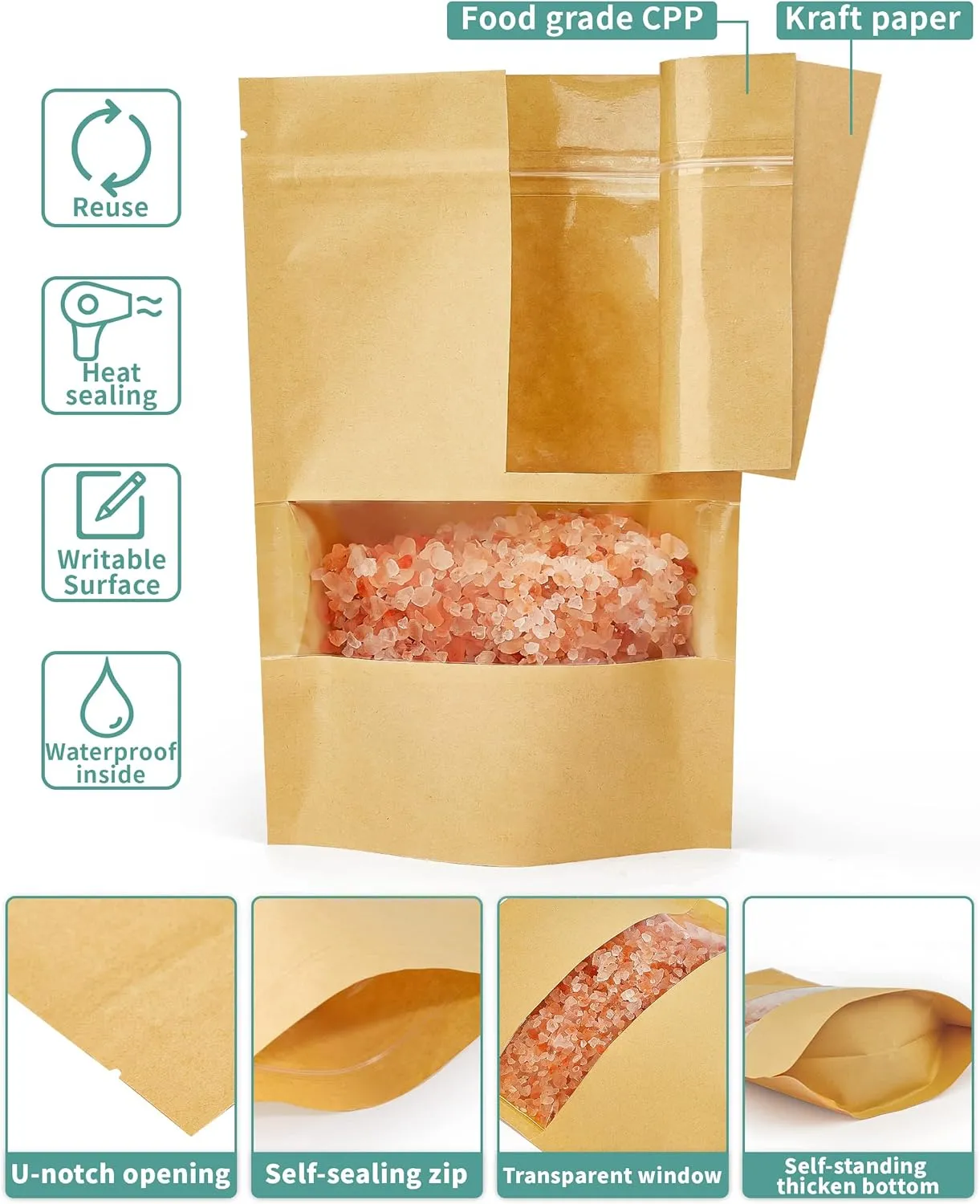 FireKylin 100 Pcs Kraft Paper Bags with Window, 6.3" x 8.6" Stand Up Pouches, Zip Lock Food Storage Bags for Packaging Products, Reusable, Sealable