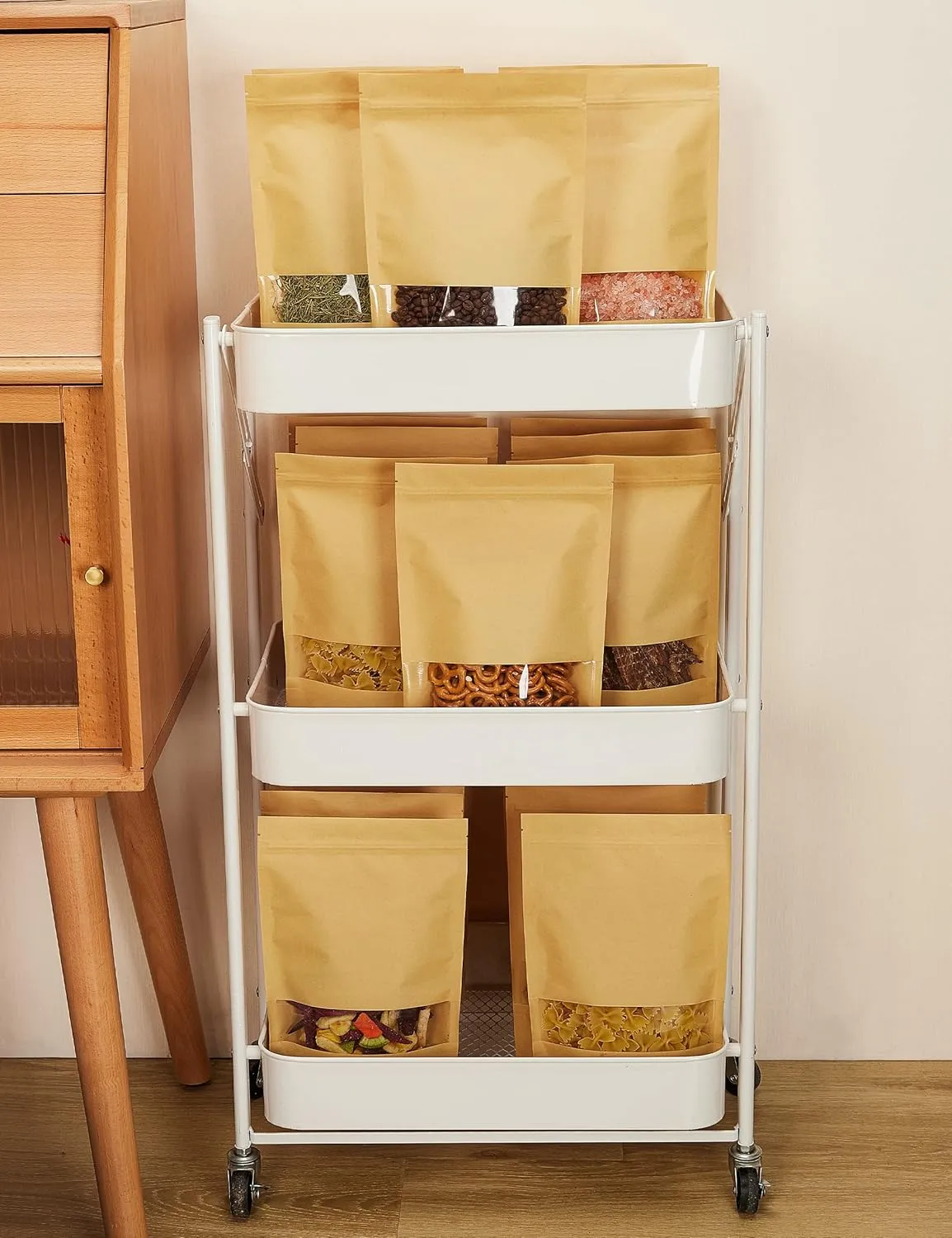 FireKylin 100 Pcs Kraft Paper Bags with Window, 6.3" x 8.6" Stand Up Pouches, Zip Lock Food Storage Bags for Packaging Products, Reusable, Sealable