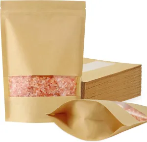 FireKylin 100 Pcs Kraft Paper Bags with Window, 6.3" x 8.6" Stand Up Pouches, Zip Lock Food Storage Bags for Packaging Products, Reusable, Sealable