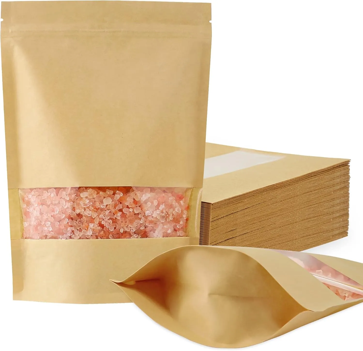 FireKylin 100 Pcs Kraft Paper Bags with Window, 6.3" x 8.6" Stand Up Pouches, Zip Lock Food Storage Bags for Packaging Products, Reusable, Sealable