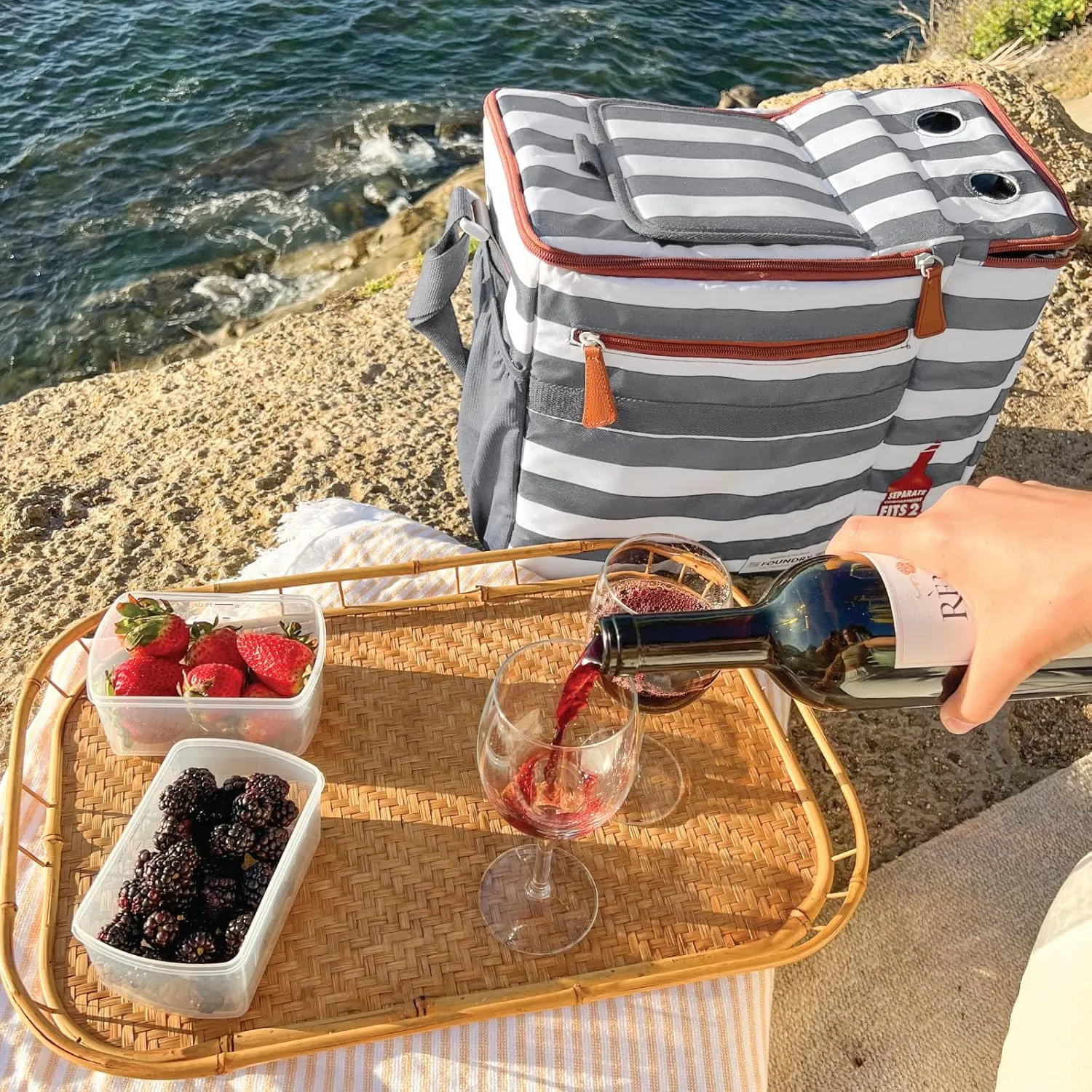 Fit & Fresh Soft Cooler Bag Insulated Waterproof Wine Carrier Bag, 24 Can Large Soft Sided Cooler Bag for Men and Women, 2 Bottle Wine Holder Tote Bag for Travel, Beach Cooler Bag