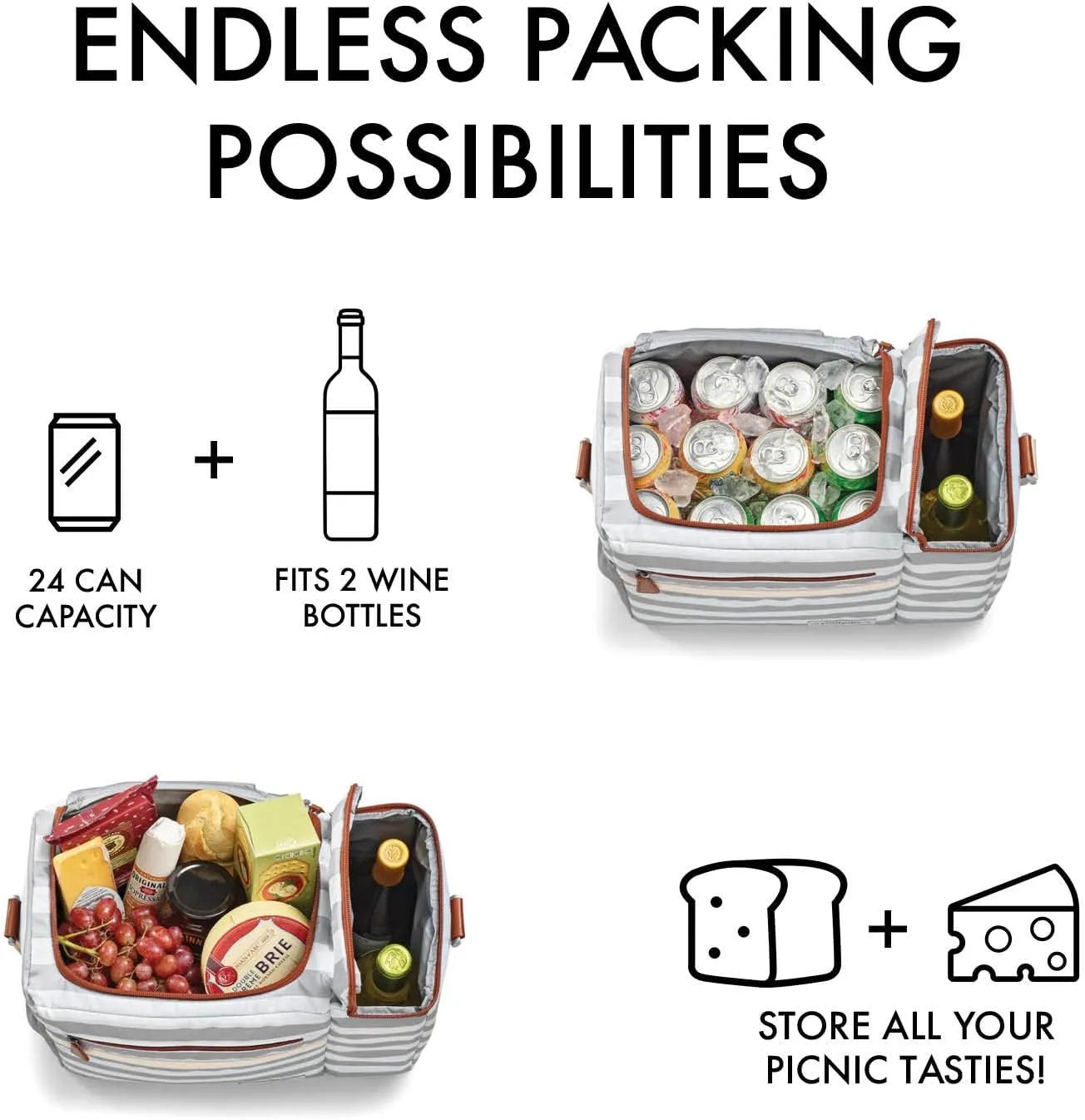 Fit & Fresh Soft Cooler Bag Insulated Waterproof Wine Carrier Bag, 24 Can Large Soft Sided Cooler Bag for Men and Women, 2 Bottle Wine Holder Tote Bag for Travel, Beach Cooler Bag