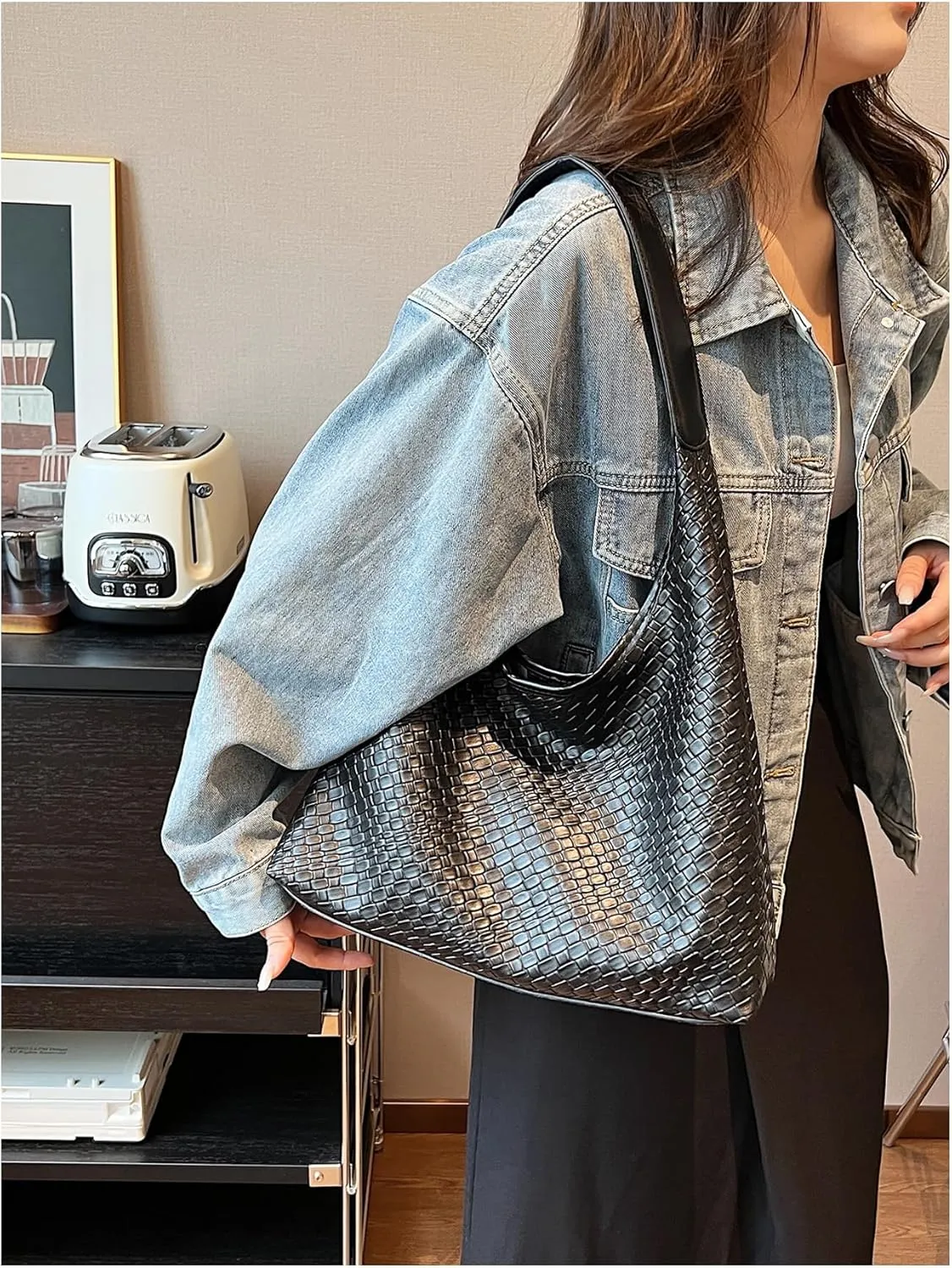 Floerns Women's Leather Tote Bag Woven Hobo Bag Top Handle Shoulder Bag Handbag