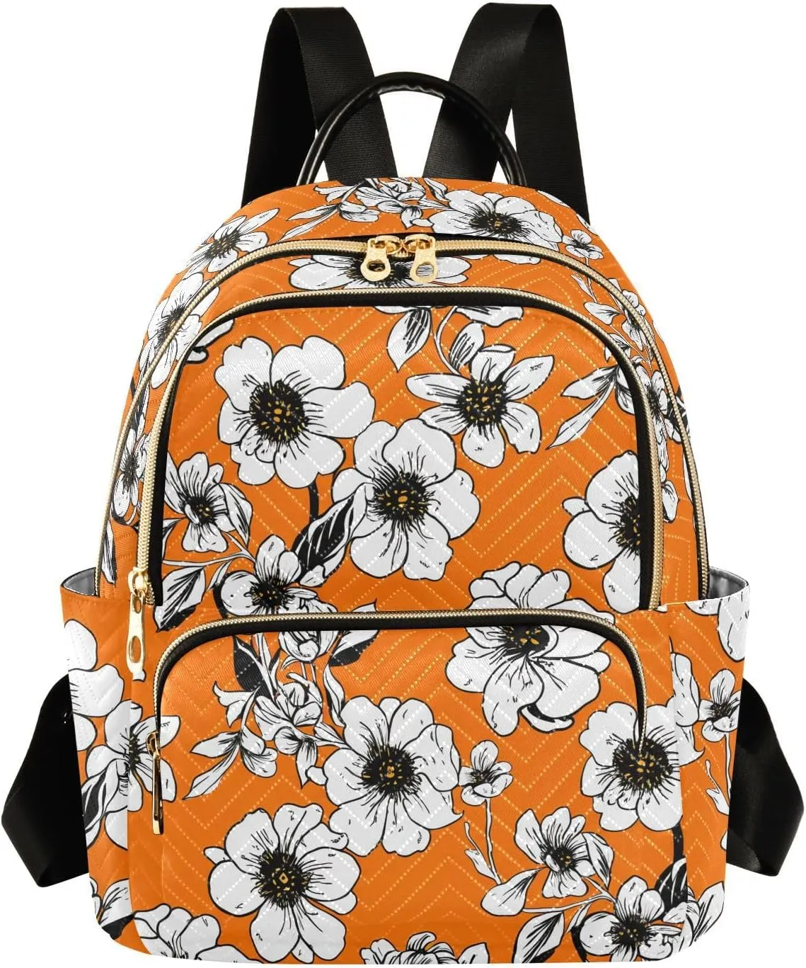 Flowers Outlines Orange Backpack Purse for Women Fashion Small Mini Daypack Purse for Lady Anti-theft Shoulder Bag Back Pack Handbag Lady Purse