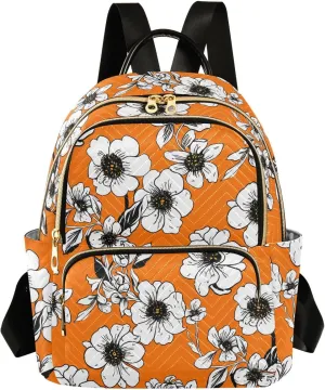 Flowers Outlines Orange Backpack Purse for Women Fashion Small Mini Daypack Purse for Lady Anti-theft Shoulder Bag Back Pack Handbag Lady Purse