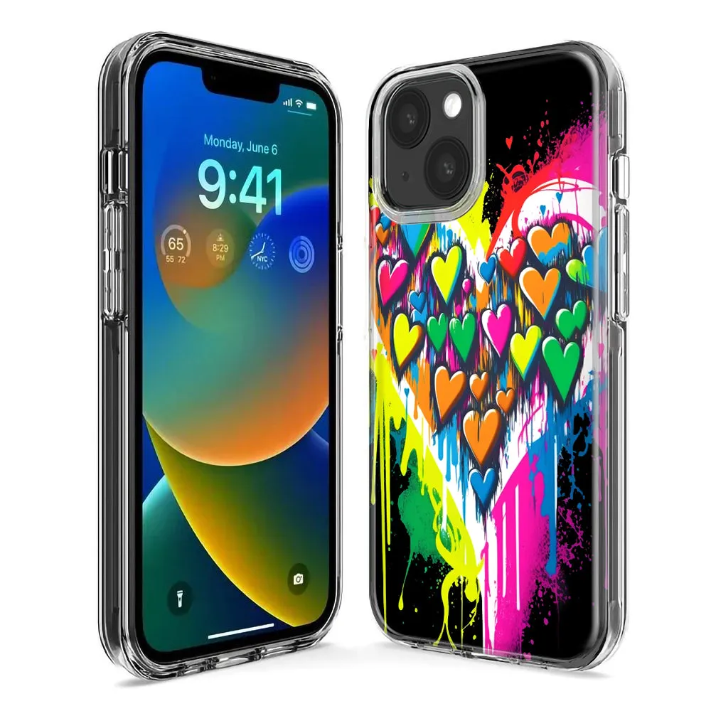 For Apple iPhone 14 Pro Max Colorful Rainbow Hearts Love Graffiti Painting Design Hybrid Protective Phone Case Cover