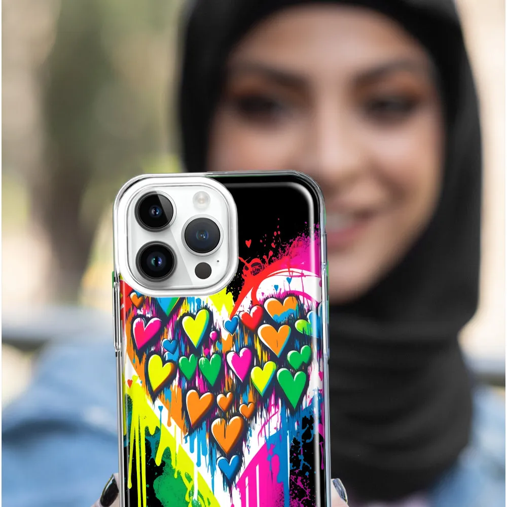 For Apple iPhone 14 Pro Max Colorful Rainbow Hearts Love Graffiti Painting Design Hybrid Protective Phone Case Cover