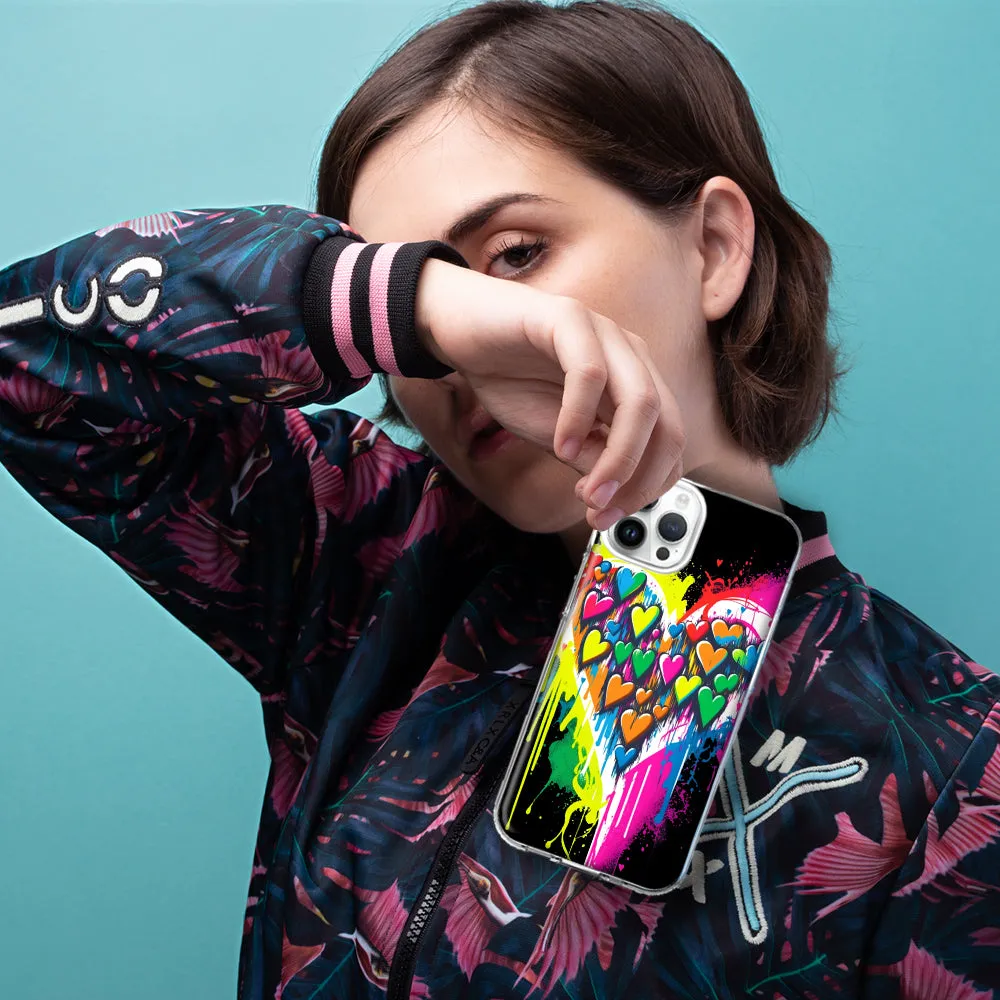 For Apple iPhone 14 Pro Max Colorful Rainbow Hearts Love Graffiti Painting Design Hybrid Protective Phone Case Cover
