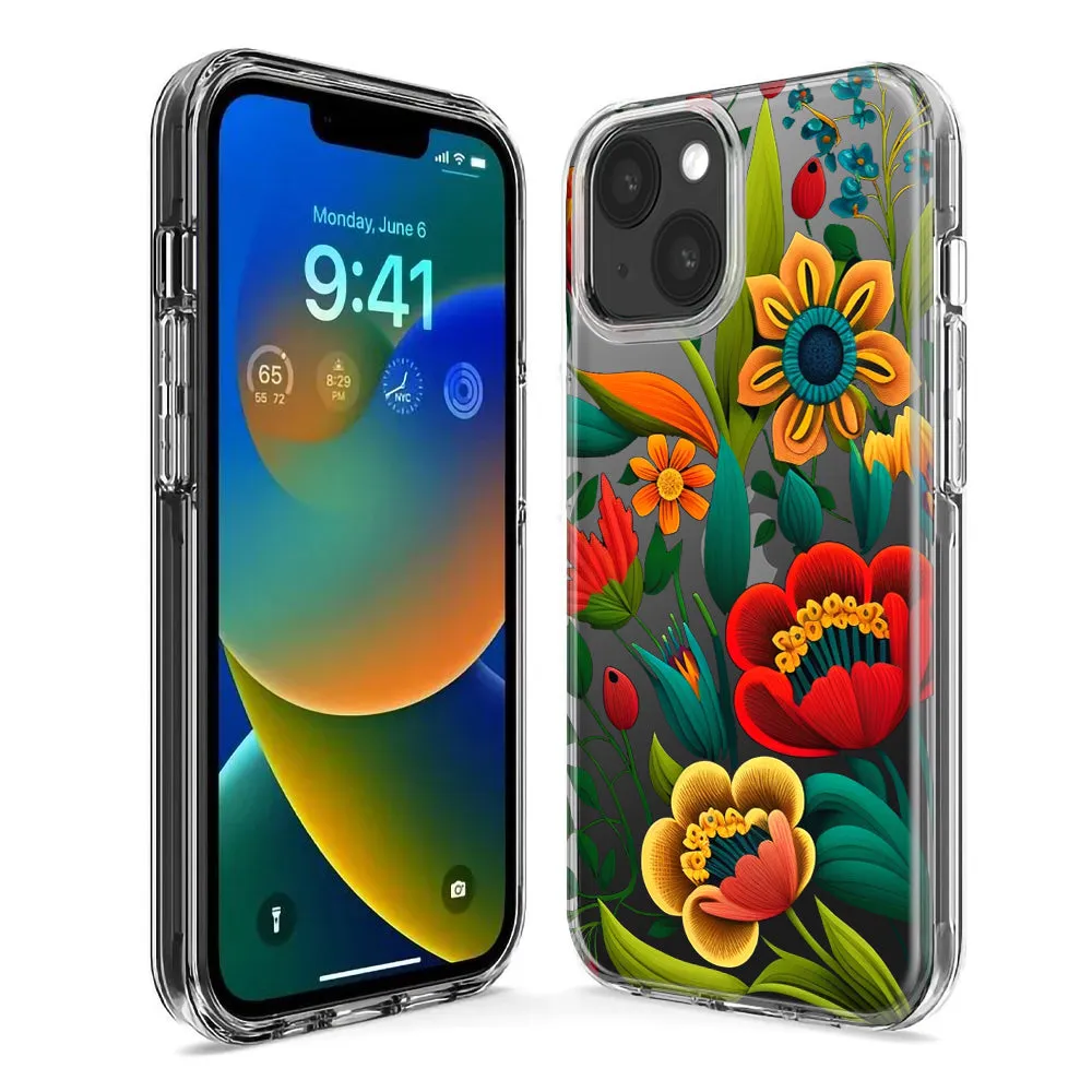 For Apple iPhone 14 Pro Max Colorful Red Orange Folk Style Floral Vibrant Spring Flowers Design Hybrid Protective Phone Case Cover