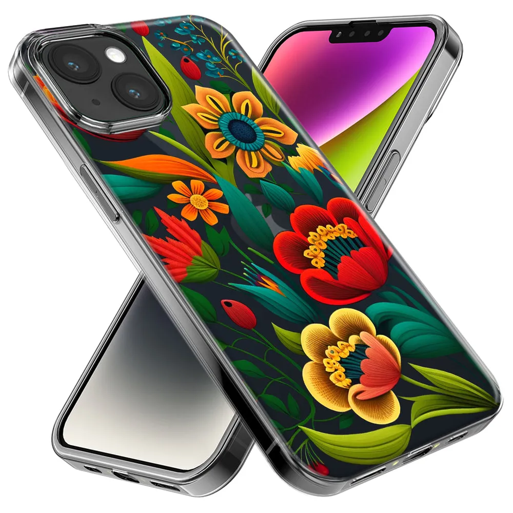 For Apple iPhone 14 Pro Max Colorful Red Orange Folk Style Floral Vibrant Spring Flowers Design Hybrid Protective Phone Case Cover