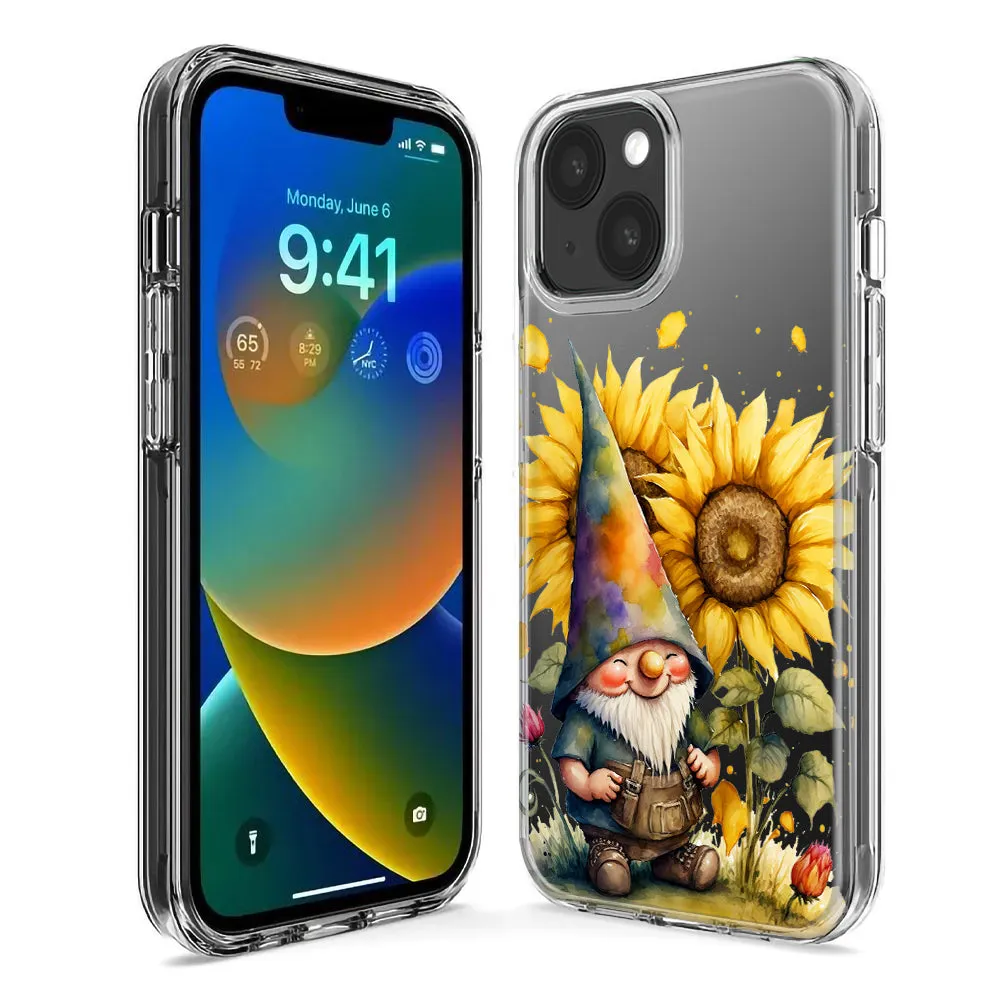 For Apple iPhone 14 Pro Max Cute Gnome Sunflowers Clear Design Hybrid Protective Phone Case Cover