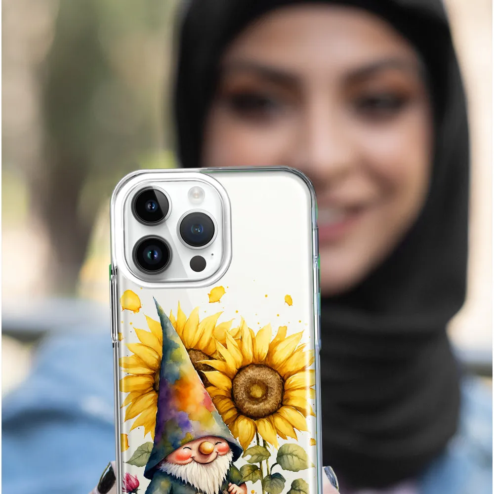 For Apple iPhone 14 Pro Max Cute Gnome Sunflowers Clear Design Hybrid Protective Phone Case Cover