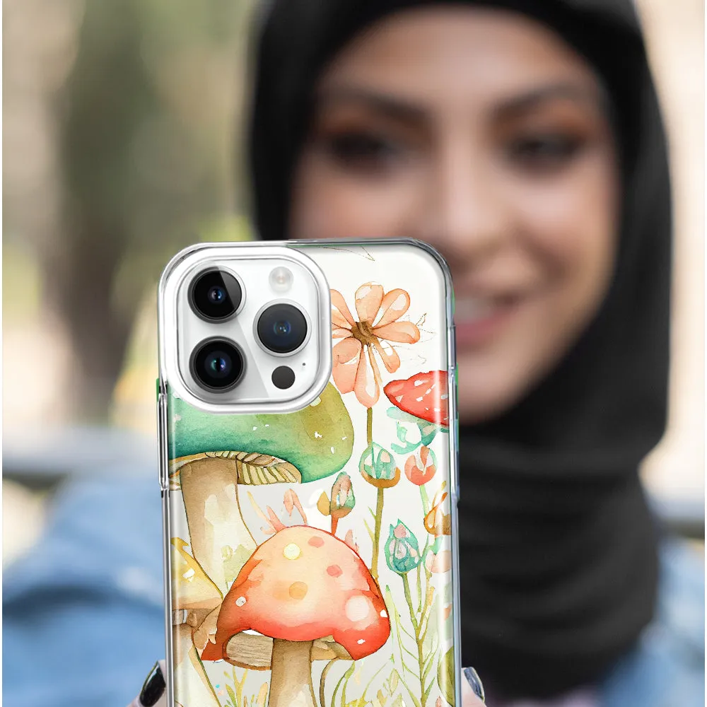 For Apple iPhone 14 Pro Max Fairy Tale Watercolor Mushrooms Pastel Spring Flowers Floral Design Hybrid Protective Phone Case Cover