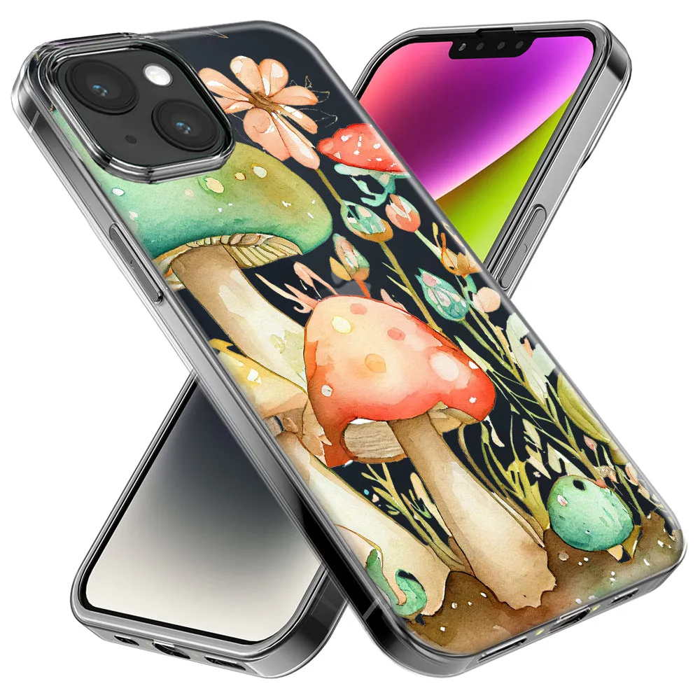 For Apple iPhone 14 Pro Max Fairy Tale Watercolor Mushrooms Pastel Spring Flowers Floral Design Hybrid Protective Phone Case Cover