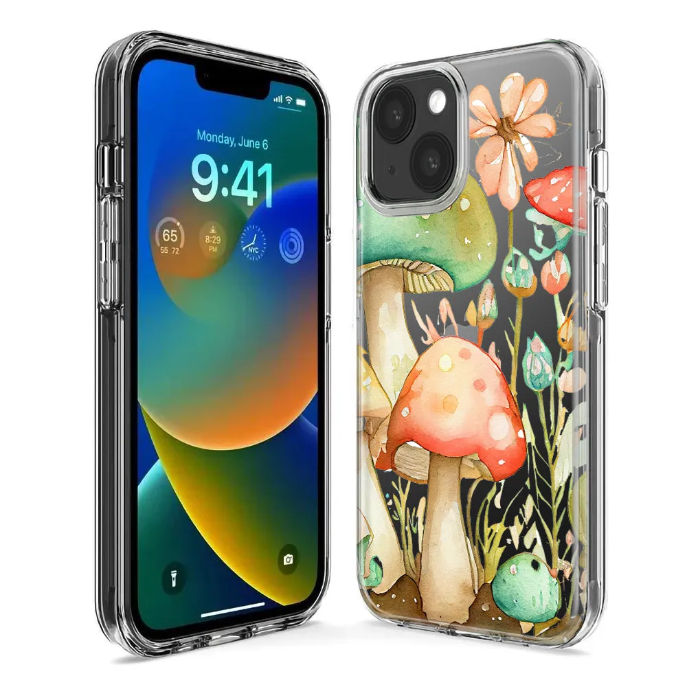 For Apple iPhone 14 Pro Max Fairy Tale Watercolor Mushrooms Pastel Spring Flowers Floral Design Hybrid Protective Phone Case Cover