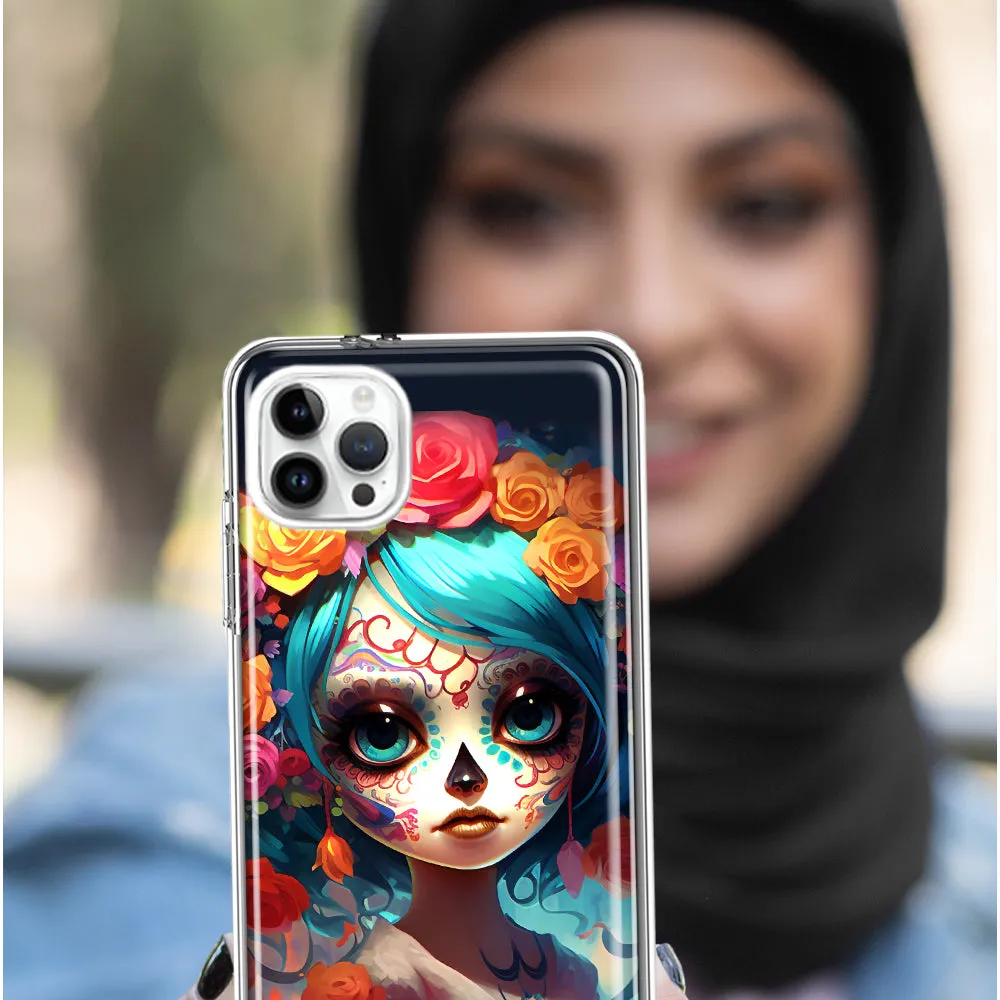 For Apple iPhone 14 Pro Max Halloween Spooky Colorful Day of the Dead Skull Girl Design Hybrid Protective Phone Case Cover