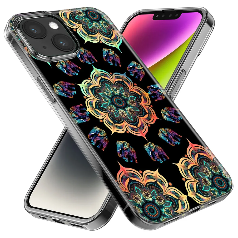 For Apple iPhone 14 Pro Max Mandala Geometry Abstract Elephant Pattern Design Hybrid Protective Phone Case Cover