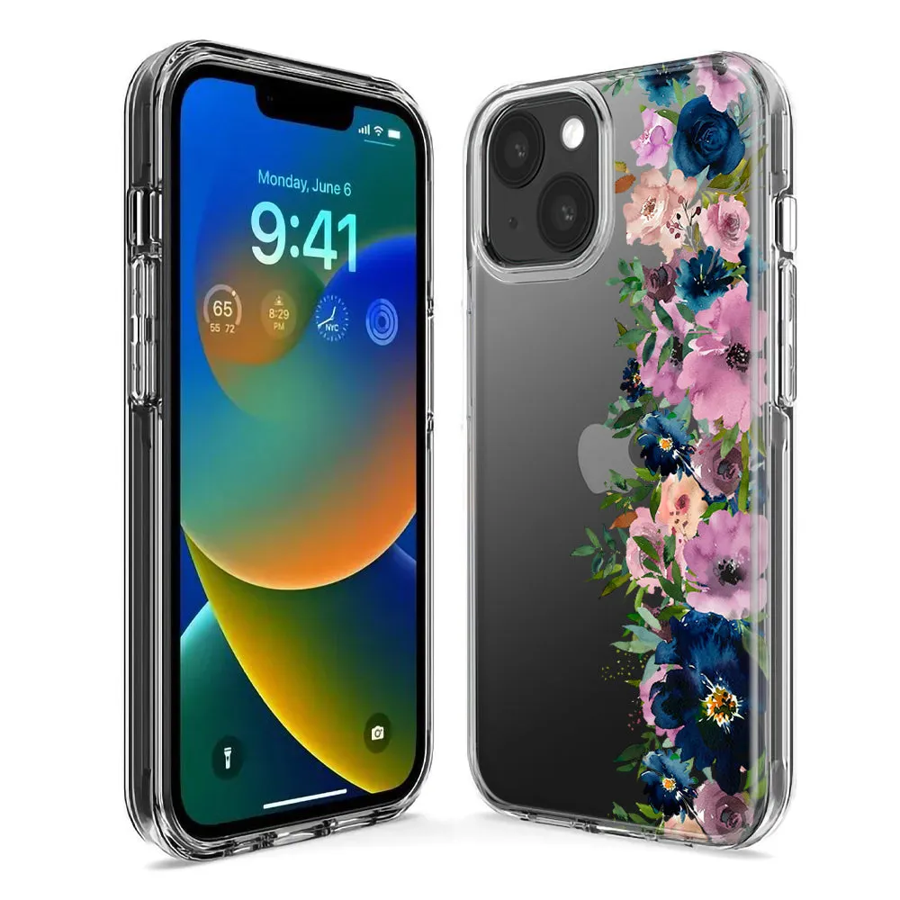 For Apple iPhone 14 Pro Max Navy Blue Summer Watercolor Floral Classic Purple Flowers Design Hybrid Protective Phone Case Cover