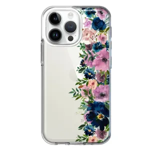 For Apple iPhone 14 Pro Max Navy Blue Summer Watercolor Floral Classic Purple Flowers Design Hybrid Protective Phone Case Cover