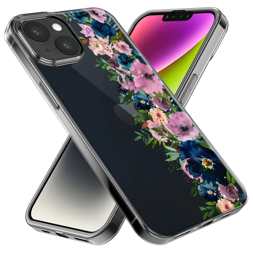For Apple iPhone 14 Pro Max Navy Blue Summer Watercolor Floral Classic Purple Flowers Design Hybrid Protective Phone Case Cover