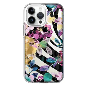 For Apple iPhone 14 Pro Max Zebra Stripes Tropical Flowers Purple Blue Summer Vibes Design Hybrid Protective Phone Case Cover