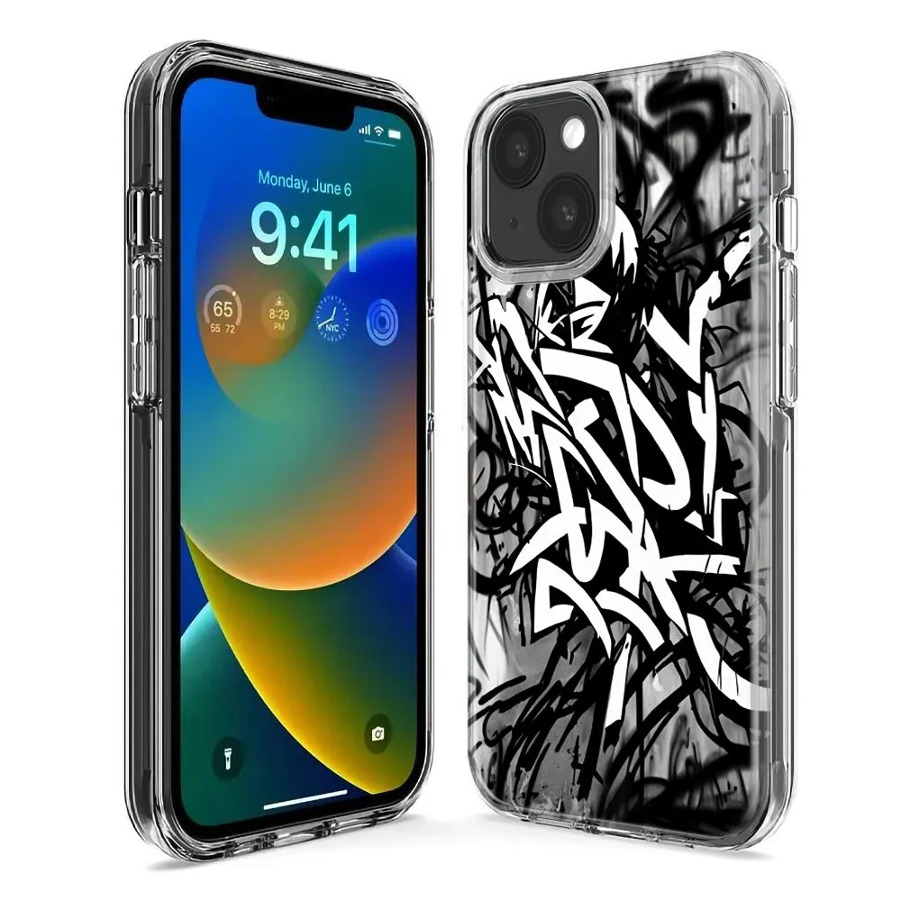 For Apple iPhone 15 Pro Black White Urban Graffiti Design Hybrid Protective Phone Case Cover