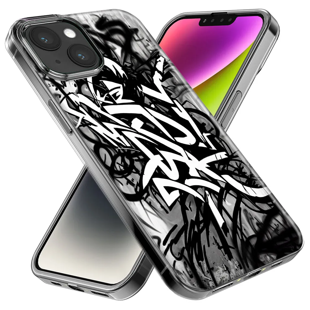 For Apple iPhone 15 Pro Black White Urban Graffiti Design Hybrid Protective Phone Case Cover