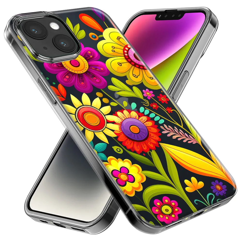 For Apple iPhone 15 Pro Colorful Yellow Pink Folk Style Floral Vibrant Spring Flowers Design Hybrid Protective Phone Case Cover