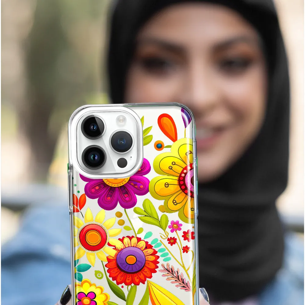 For Apple iPhone 15 Pro Colorful Yellow Pink Folk Style Floral Vibrant Spring Flowers Design Hybrid Protective Phone Case Cover
