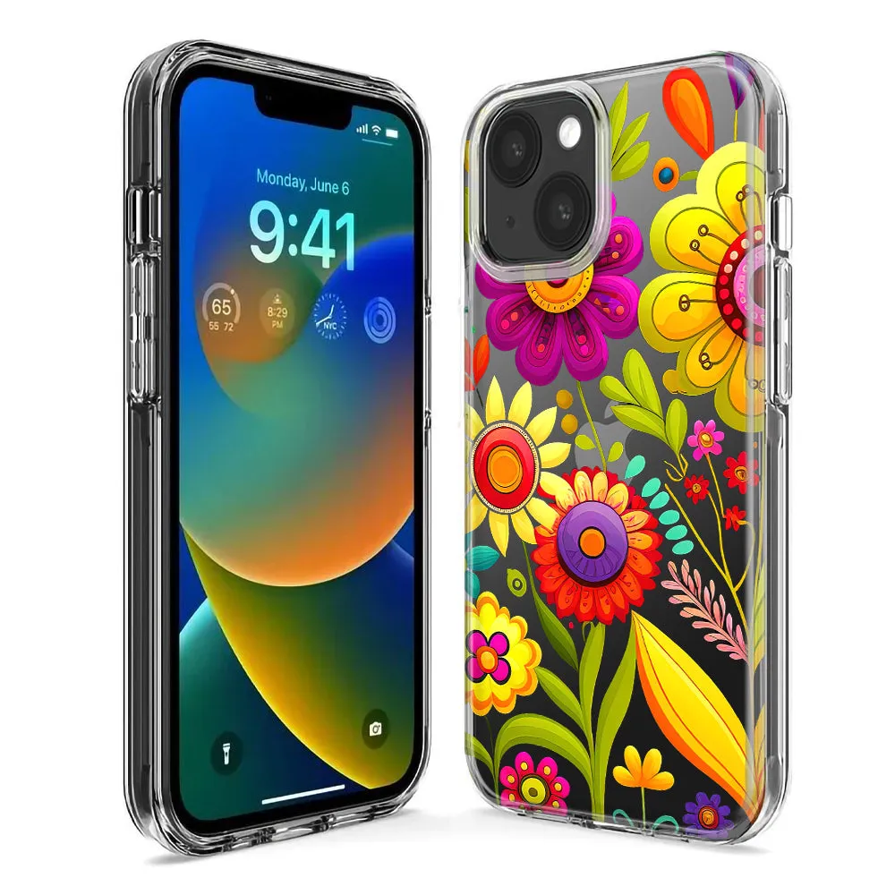 For Apple iPhone 15 Pro Colorful Yellow Pink Folk Style Floral Vibrant Spring Flowers Design Hybrid Protective Phone Case Cover