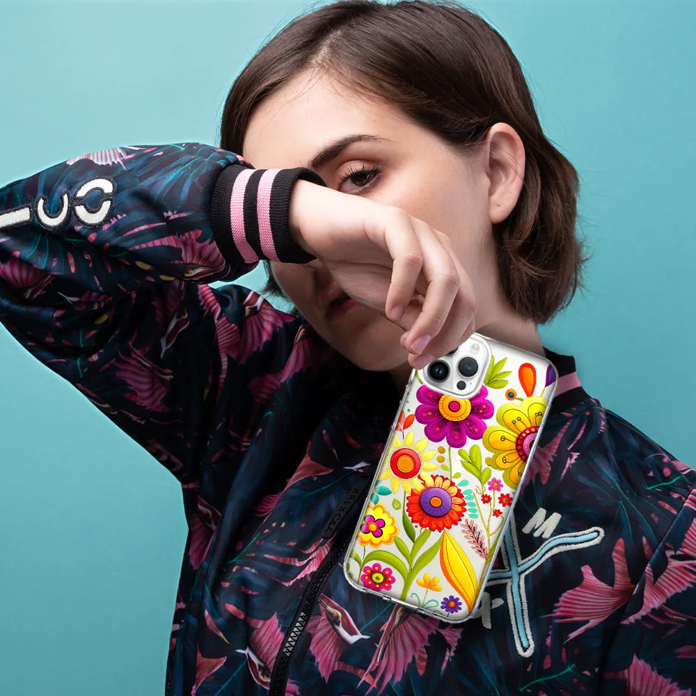 For Apple iPhone 15 Pro Colorful Yellow Pink Folk Style Floral Vibrant Spring Flowers Design Hybrid Protective Phone Case Cover