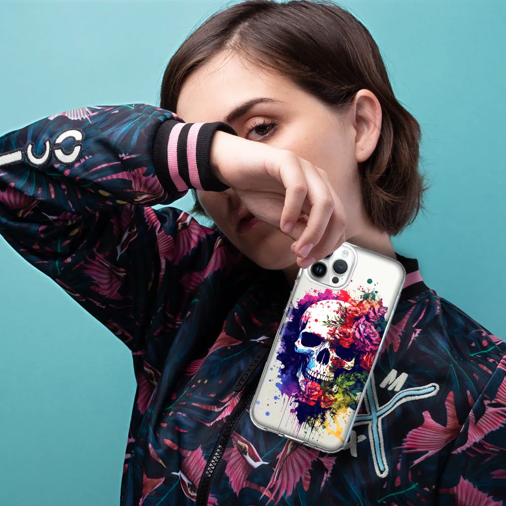 For Apple iPhone 15 Pro Fantasy Skull Red Purple Roses Design Hybrid Protective Phone Case Cover