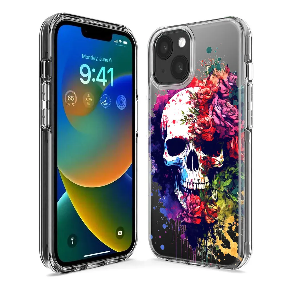 For Apple iPhone 15 Pro Fantasy Skull Red Purple Roses Design Hybrid Protective Phone Case Cover