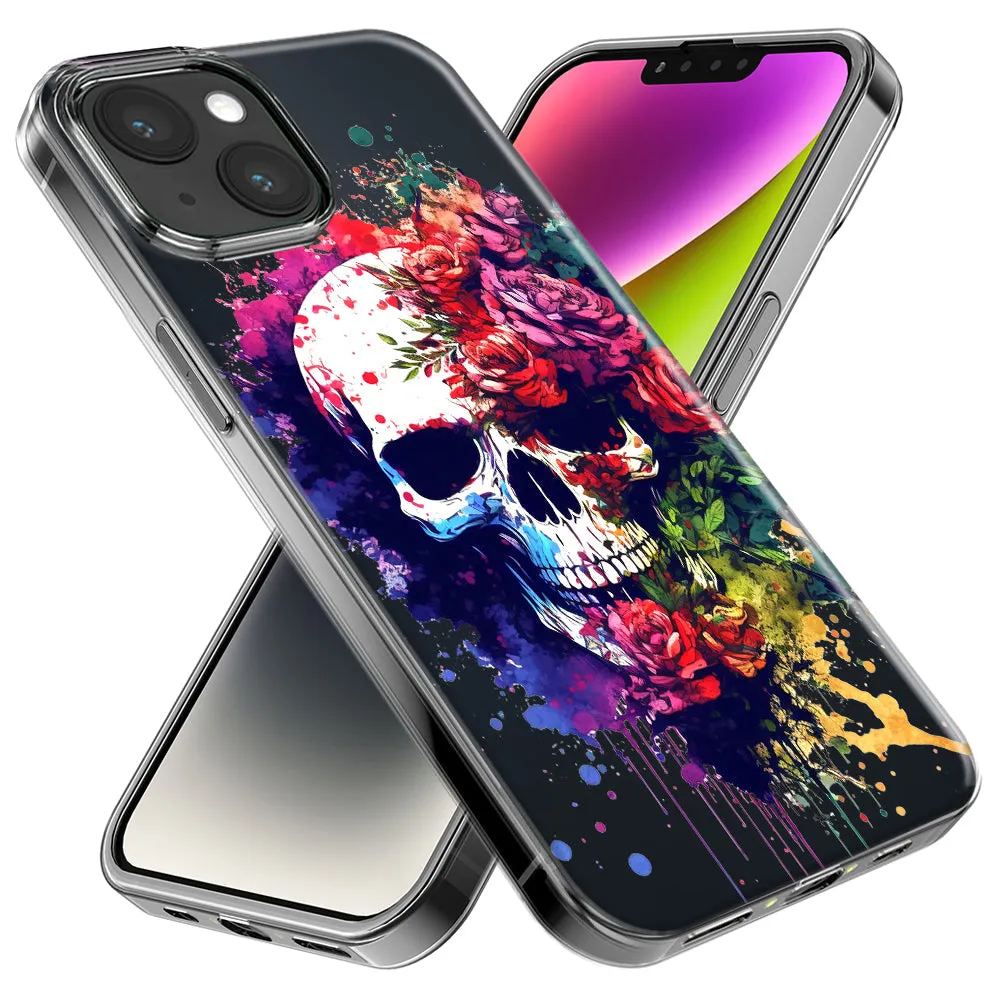 For Apple iPhone 15 Pro Fantasy Skull Red Purple Roses Design Hybrid Protective Phone Case Cover