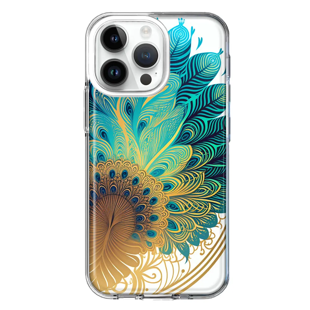 For Apple iPhone 15 Pro Mandala Geometry Abstract Peacock Feather Pattern Design Hybrid Protective Phone Case Cover