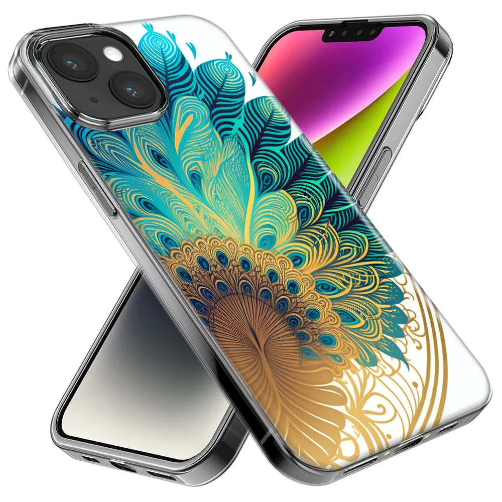For Apple iPhone 15 Pro Mandala Geometry Abstract Peacock Feather Pattern Design Hybrid Protective Phone Case Cover