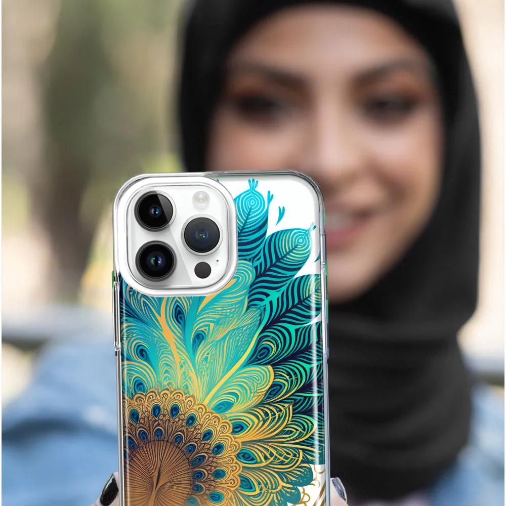 For Apple iPhone 15 Pro Mandala Geometry Abstract Peacock Feather Pattern Design Hybrid Protective Phone Case Cover