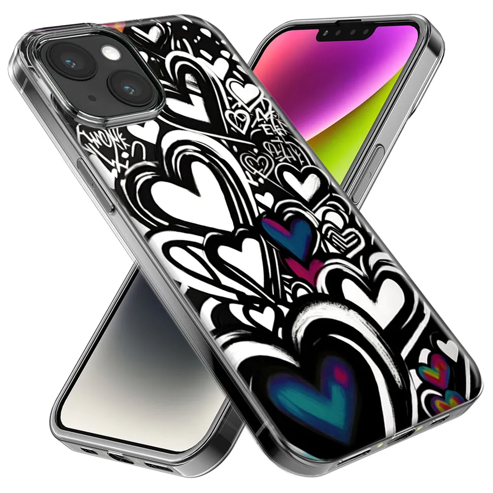 For Apple iPhone 15 Pro Max Black White Hearts Love Graffiti Design Hybrid Protective Phone Case Cover